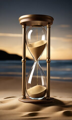 Elegant gold sand hourglass illuminated with soft warm light