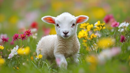 Fototapeta premium An adorable baby lamb in a lush field of blooming spring flowers, showcasing the tender and playful side of nature.