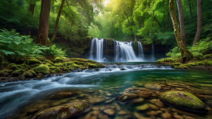 Obraz premium background view of a waterfall in the middle of a beautiful forest