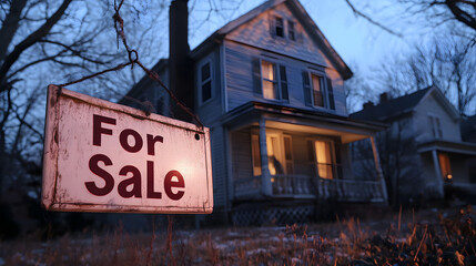 Desolate House with "For Sale" Sign Under Late Afternoon Light, Symbolizing Foreclosure Risk and Community Impact