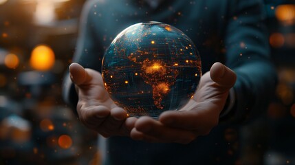 A person holds a glowing digital representation of Earth, symbolizing global connectivity, technology, and innovation in a futuristic setting.