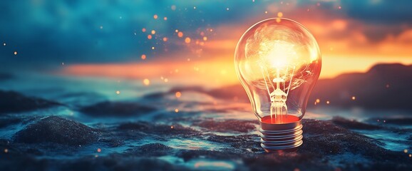 A glowing light bulb on a dark blue and orange background, representing new ideas and innovation.
