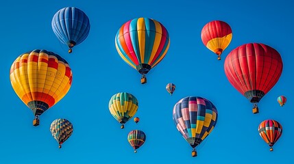 Obraz premium A sky filled with vibrant hot air balloons of all colors floating against a clear, bright blue sky, creating a scene of whimsy and freedom