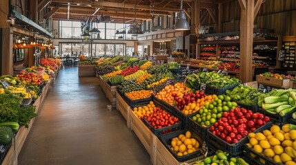 Fototapeta premium An expansive indoor market hall showcasing a wide variety of fresh produce, all neatly arranged in colorful rows, creating a visually appealing scene.