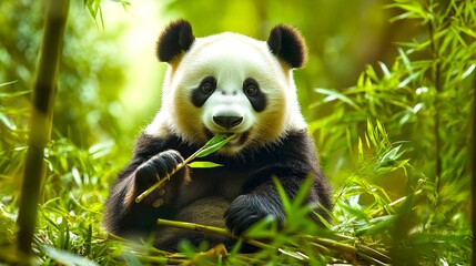 Naklejka premium A cute panda enjoys a delicious bamboo snack in a lush green forest. This charming animal captivates with its playful demeanor and black and white fur. A perfect nature scene. AI