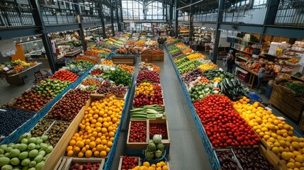 An expansive indoor market hall showcasing a wide variety of fresh produce, all neatly arranged in colorful rows, creating a visually appealing scene.