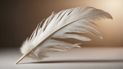 Feather dropping on beige background, White feather isolated, Concept of serene, soft, calm.