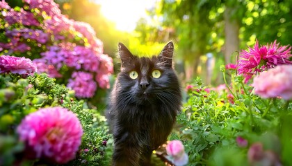 A long-haired black cat exploring a lush garden with vibrant flowers. A captivating portrait of a majestic black cat amidst a vibrant garden, surrounded by stunning pink flowers. 1