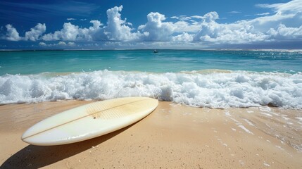 Surfboard resting on the sandy beach with the ocean in the background