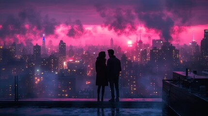 A couple sharing a quiet moment on a city rooftop, with the skyline glowing in the background, illustrating the beauty and intimacy of nightlife