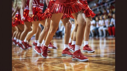 Cheerleaders performing dynamic dance routines on a basketball court during a game