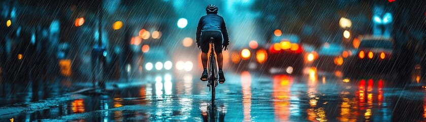 Fototapeta premium A cyclist riding through a rain-soaked street, with reflections of city lights on the wet pavement, capturing the mood and atmosphere of the city