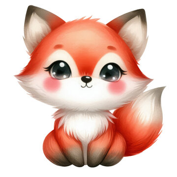 recommend clip art: Cute furry baby fox, hand-drawn watercolor style clipart, isolated illustration, on a transparent background,
