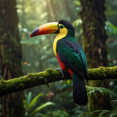 Fototapeta premium bird from costa rica, perched gracefully on a moss-covered branch in a dense, lush South American rainforest