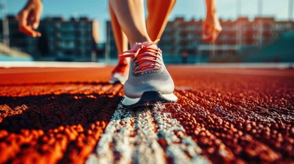 Close-up of a female athlete in sprinting stance, ready to take off from the starting line