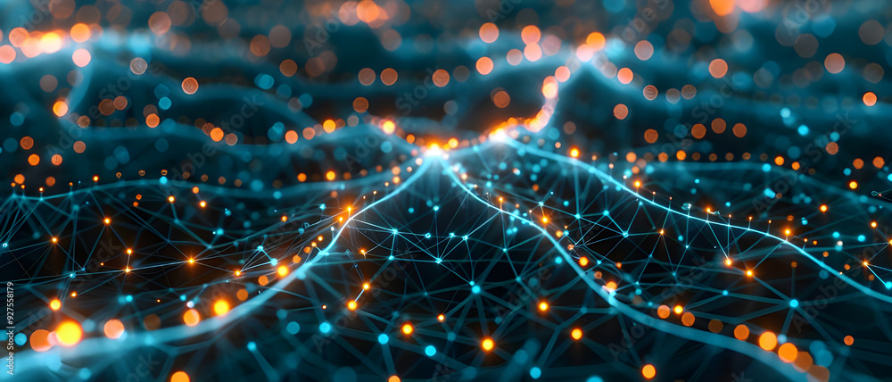 Poster A visually striking abstract representation of a neural network with glowing blue and orange connections, symbolizing artificial intelligence and deep learning.
