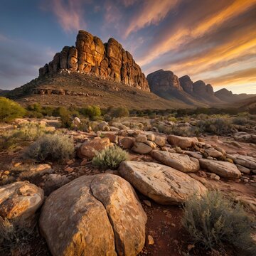  Golden sunset illuminating the rugged Cederberg Mountains in South Africa, with striking rock formations and arid terrain, capturing the dramatic and wild beauty of the wilderness.