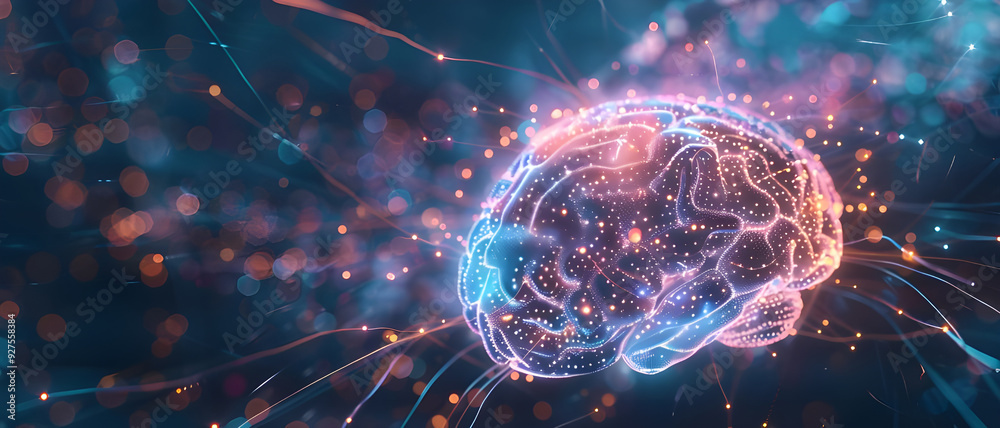 Aufkleber Abstract illustration of a glowing digital brain with interconnected neural pathways, symbolizing artificial intelligence, neural networks, and cognitive technology.