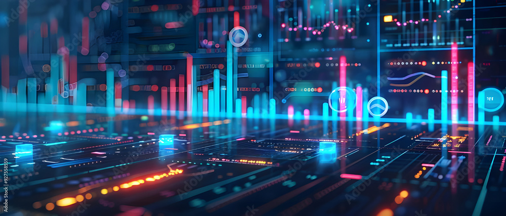 Poster A futuristic data visualization interface featuring colorful graphs, charts, and analytical data, representing advanced technology and digital analytics.