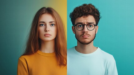 A split portrait of a young man and woman, each with different expressions, highlighting gender diversity and emotional contrast. 
  suitable for themes of identity and relationships.