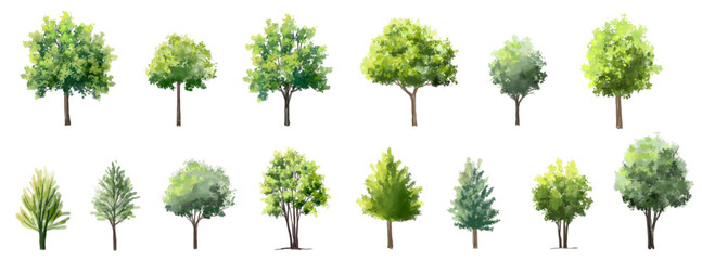 Vertor set of green tree,plants side view for landscape elevations,element for backdrop,eco environment concept design,watercolor greenery scene