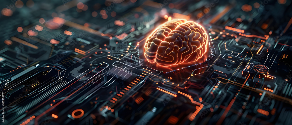 Poster A glowing digital brain rests on a complex circuit board, symbolizing the fusion of artificial intelligence and advanced technology in a futuristic design.