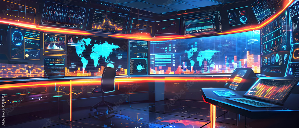 Aufkleber A high-tech data analysis center featuring multiple digital screens displaying global analytics, charts, and real-time data in a futuristic setting.