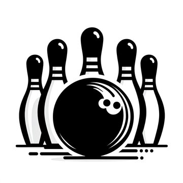 recommend clip art: Black and white vector illustration of bowling ball and pins on white background.