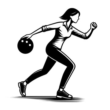 recommend clip art: Black and white vector illustration of a young woman bowling on a white background.