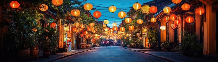 Naklejka premium A street lined with glowing lanterns during a nighttime festival, highlighting the cultural and festive elements of nightlife