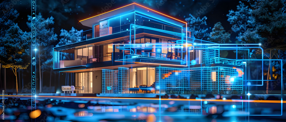 Poster a modern, futuristic smart home illuminated by neon lights, showcasing advanced digital architecture