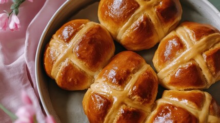 An overhead shot of golden-brown hot cross buns, fresh out of the oven, set on a table as a traditional Easter snack.