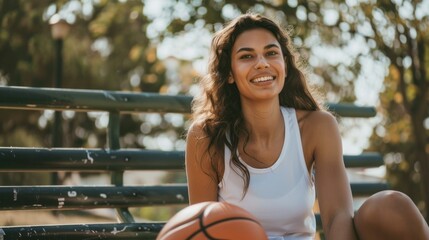 Beautiful female basketball player sitting on the bench, holding a basketball and smiling