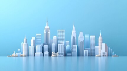 Modern cityscape with skyscrapers reflecting on water under a clear blue sky. Minimalist representation of an urban skyline.