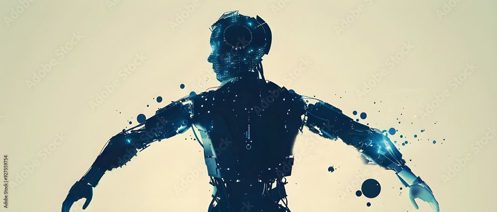 Leinwandbilder a stylized silhouette of a futuristic humanoid robot with glowing digital effects, symbolizing advan