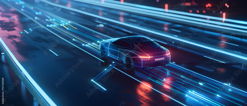 Poster a sleek, futuristic smart car speeds along a digital highway, showcasing advanced autonomous driving