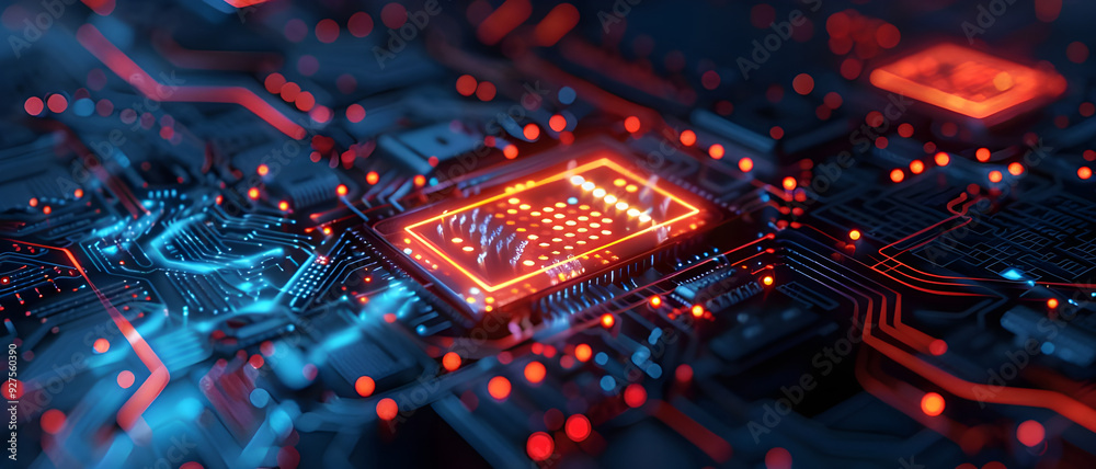 Poster A detailed close-up of a glowing microchip embedded in a circuit board, representing cutting-edge technology and electronic innovation.
