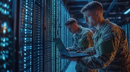In Data Center Two Military Men Work with Open Server for cyber security