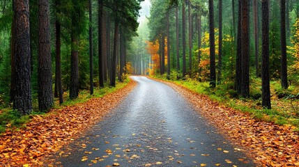 Obraz premium Scenic forest road covered in colorful autumn leaves on a misty day, surrounded by tall trees in a peaceful natural landscape.