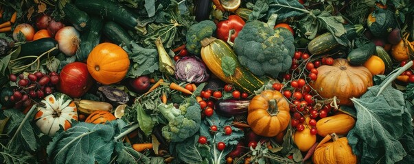 Pile of expired organic vegetables and fruits in a garden, ready for composting.