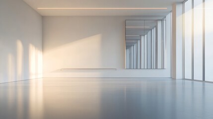 Minimalist interior space with ambient lighting, reflective floor, and a sequence of rectangular columns on one side, leading to a vanishing point. Modern and clean.