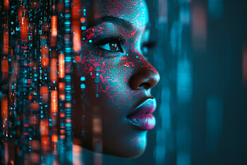 Hologram of the black woman face composed of vibrant digital pixels against the glowing digital data streams