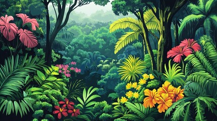 a banner featuring the lush greens and exotic floral of the Amazon Rainforest. a Brazil-Themed Banner Design. 