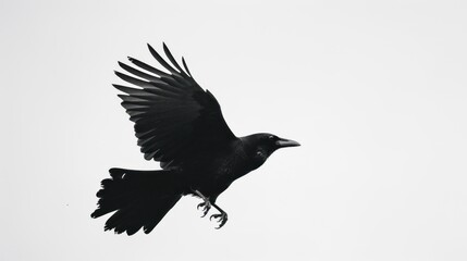 Obraz premium Black bird in flight against a white sky, symbolizing freedom