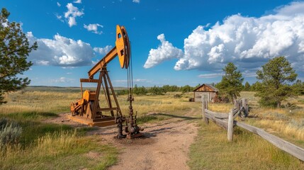 Fototapeta premium A historical oil well from the early 1900s, surrounded by vintage equipment and structures