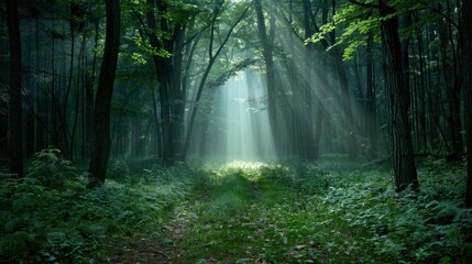 Obraz premium Dark forest with a single beam of light breaking through, symbolizing hope and freedom