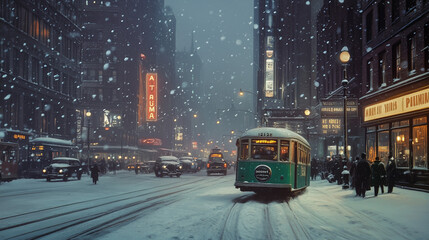 Obraz premium picture of snowy winter evening in new york in 1943. ai generated