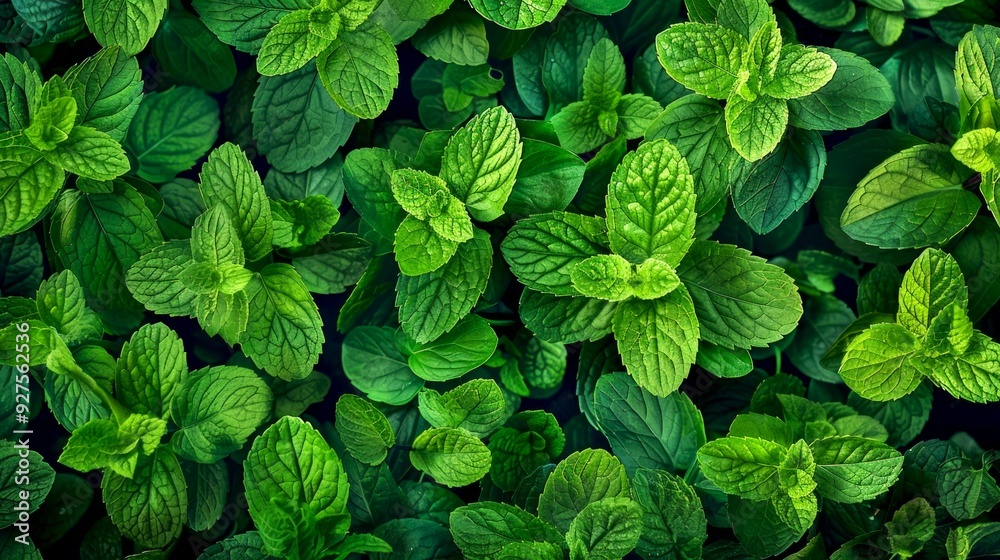 Poster Fresh and vibrant mint leaves spread across the surface. Capturing the texture and rich green color, this image showcases the beauty of natural herbs. Perfect for culinary and wellness content. AI