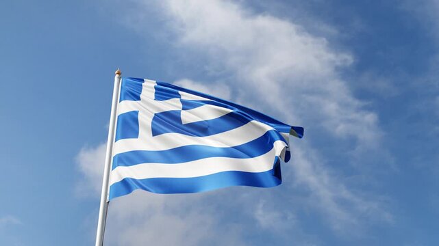 Flag of Greece on a blue sky, flag on a flag pole waving in the wind, european country, national symbol of Greece, greek, video of a flag	