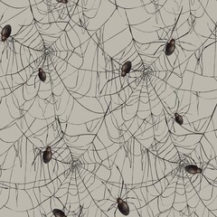 Fine lacy black web and realistic spiders. Hand-drawn watercolor pattern on beige background in Gothic style. Suitable for Halloween and Day of the Dead design, textiles, packaging, cards, posters.